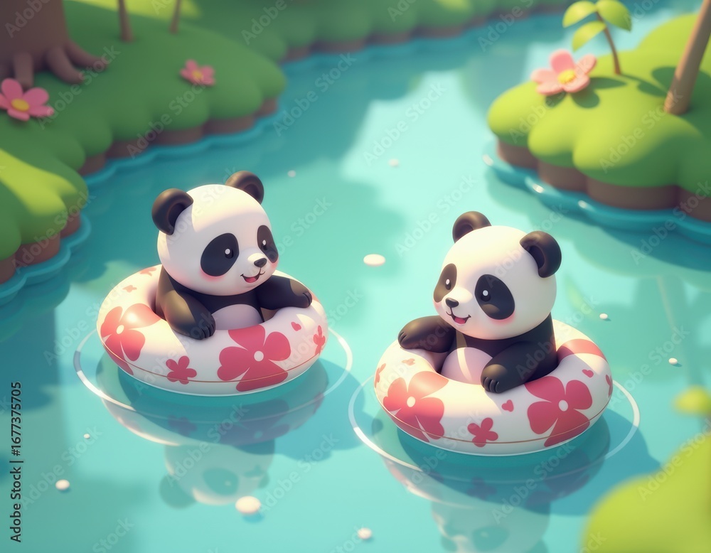 Fototapeta premium Cute Cartoon Pandas Floating in Inner Tubes on Water