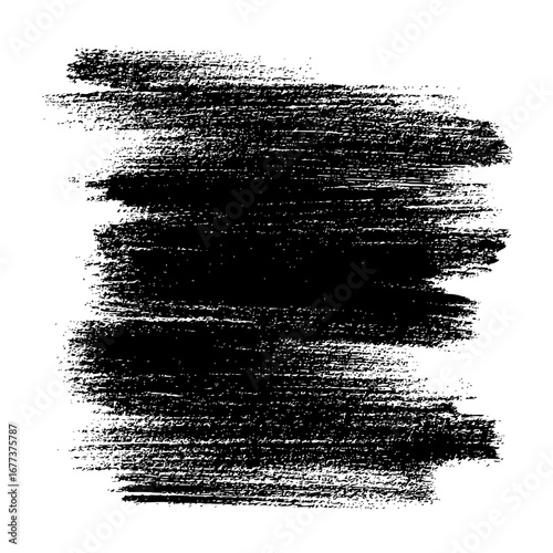 A black and white image featuring a textured, rectangular brush stroke effect with visible graininess and detail