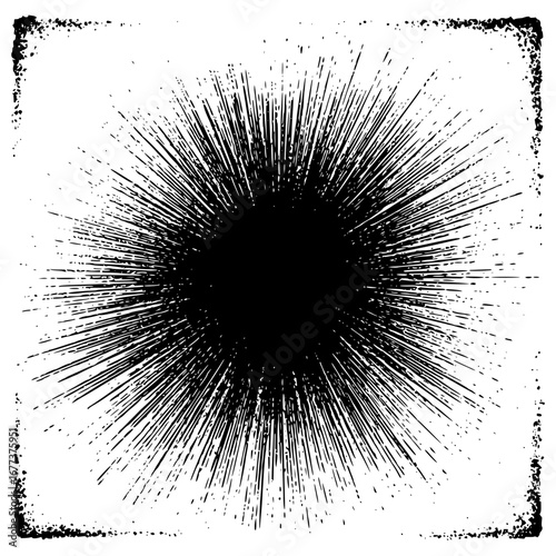 Black spiky burst emanating from a central dark area within a distressed square border on white background