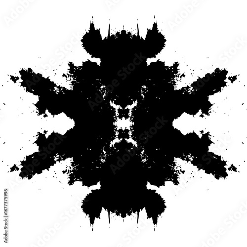 Symmetrical inkblot design with abstract shapes and patterns in black and white creating a mirrored effect