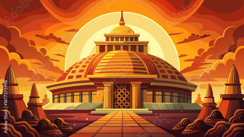 The Sanchi Stupa in India glows under golden sunlight, its carved gateways and circular dome narrating ancient Buddhist teachings, artistry, and devotion across centuries of sacred history.