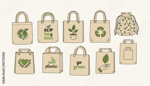 Stylish eco-friendly tote bags and drawstring pouches promoting sustainability and a greener planet