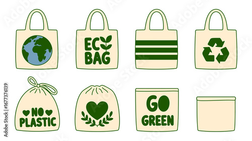 Sustainable living icons featuring eco bags, earth, recycle symbol, and green slogans for conscious consumers