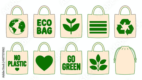 Embrace eco-friendly living with stylish reusable bags featuring planet Earth, recycle, and nature motifs.