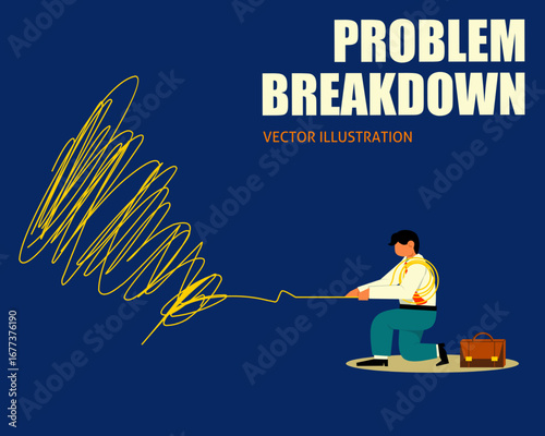 A businessman untangles a messy line, symbolizing problem breakdown, solution finding, and strategic thinking to resolve challenges effectively.