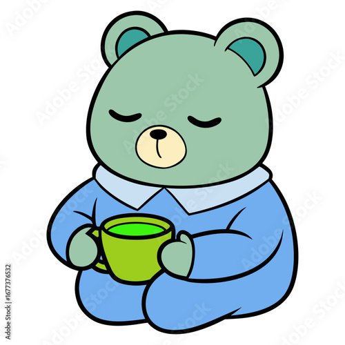 A sleepy Bear holding a cup of matcha tea