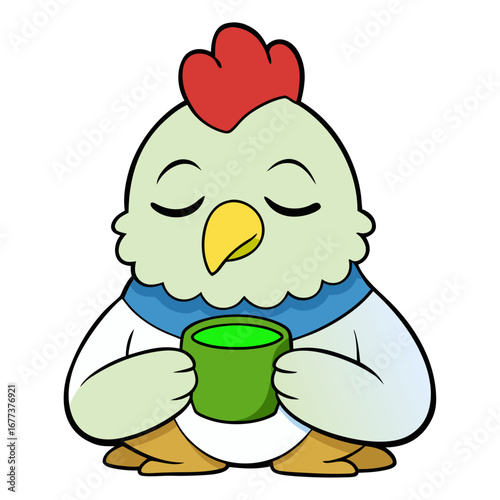 A sleepy Hen holding a cup of matcha tea