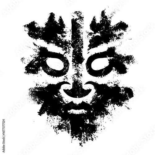 Abstract black and white grunge face design with rough edges and distressed texture on a white background