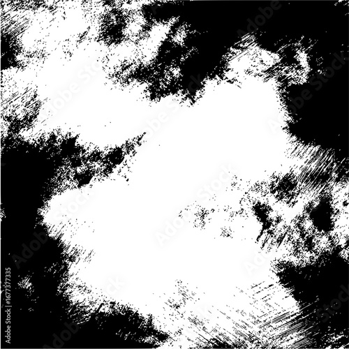 Abstract grunge texture featuring a distressed black and white pattern with rough edges and textures