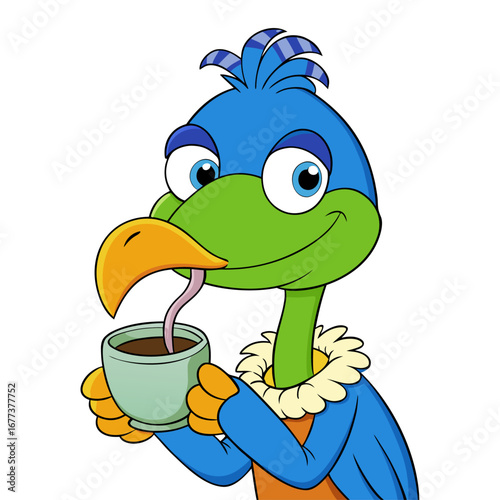 A vibrant 3D render of a sleepy ostrich holding a cup of coffee.