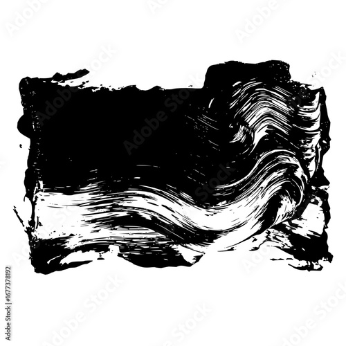 A black brush stroke with visible texture and uneven edges creating an abstract artistic impression on white