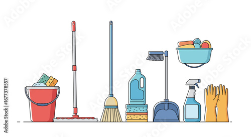 Essential household cleaning tools and supplies for a sparkling home environment