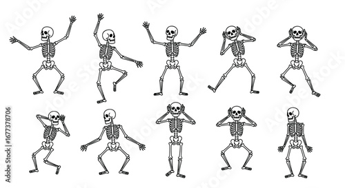 Collection of ten playful dancing skeletons with arms raised and covering eyes for halloween party fun