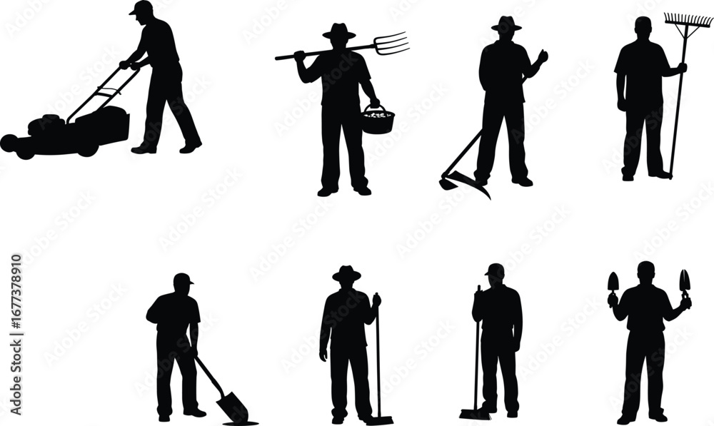Obraz premium Silhouettes of gardeners and farmers using various gardening tools and equipment while working outdoors in different gardening and farming poses.