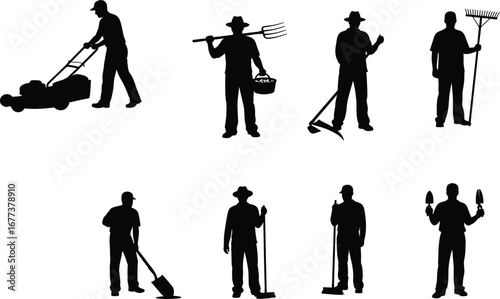 Silhouettes of gardeners and farmers using various gardening tools and equipment while working outdoors in different gardening and farming poses.