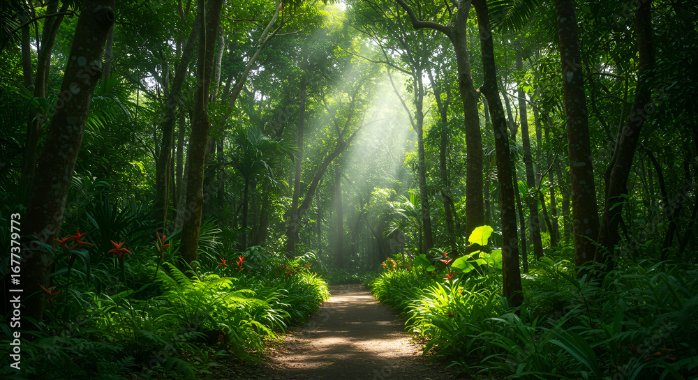 Fototapeta premium A serene walk through a sun dappled forest path where nature s beauty unfolds in a lush green