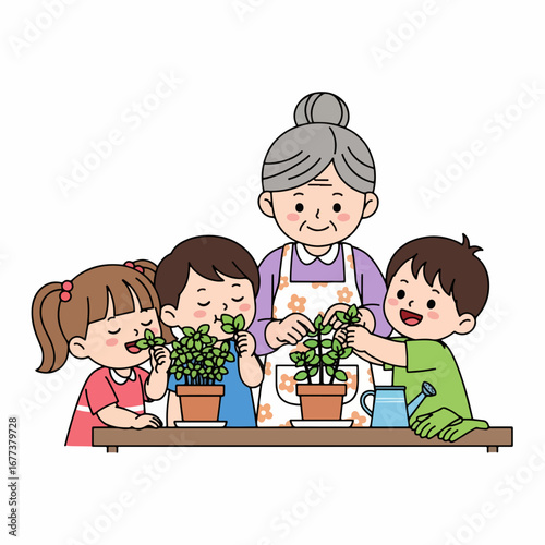 Cute Handdrawn Grandmother with Grandchildren Planting Potted Plant Illustration