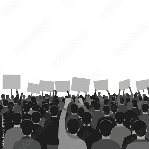 A large anonymous crowd of people seen from behind, participating in a protest or public demonstration holding up blank signs for custom text