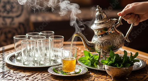 Pouring traditional moroccan mint tea from a silver teapot into a glass on a wooden table