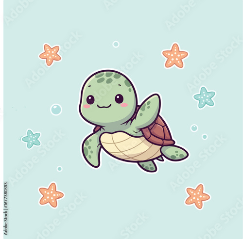 Cute cartoon turtle swimming happily in the ocean surrounded by starfish, creating a whimsical and cheerful scene for children.