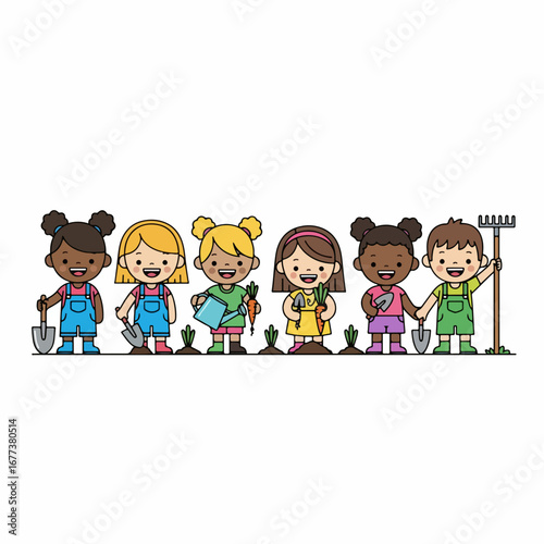 Cute Flat Illustration Children Gardening Together Planting Seedlings and Saplings