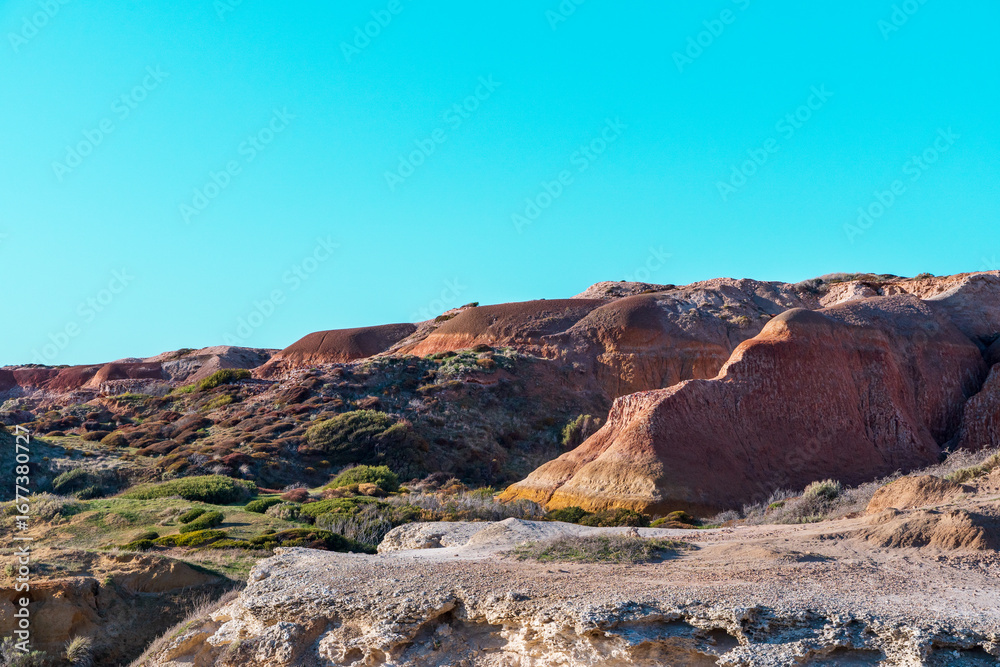 Fototapeta premium Aerial Drone View of Maslin Beach Cliffs and Coastal Landscape in South Australia.