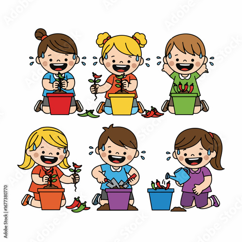 Cheerful Cartoon Little Children Planting Seedling in Colorful Pots Illustration