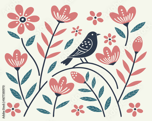 Charming Scandinavian folk art seamless pattern featuring birds, flowers, and decorative shapes in a flat, minimal style. Perfect for home decor, stationery, and fabric design.
