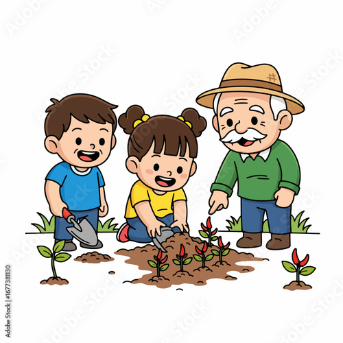 Cute Handdrawn Illustration of Grandfather with Grandchildren Gardening Together Scene