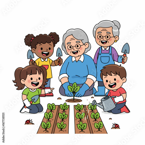Colorful Handdrawn Illustration of Children and Senior People Gardening Together