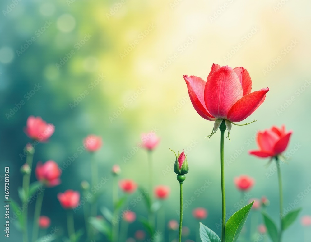 Obraz premium Vibrant Red Flower and Bud in Dreamy Garden with Soft Bokeh Background
