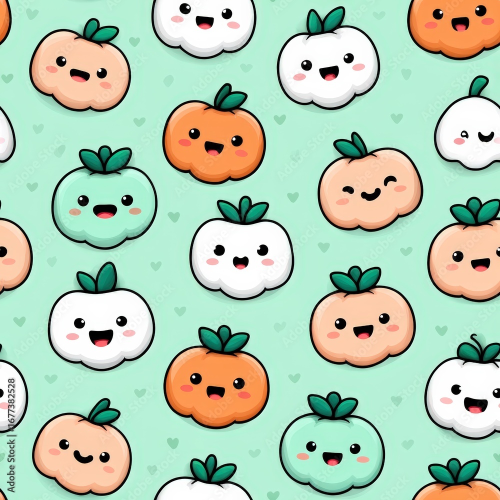 Fototapeta premium Cute Cartoon Pumpkin and Ghost Characters on Light Green Background