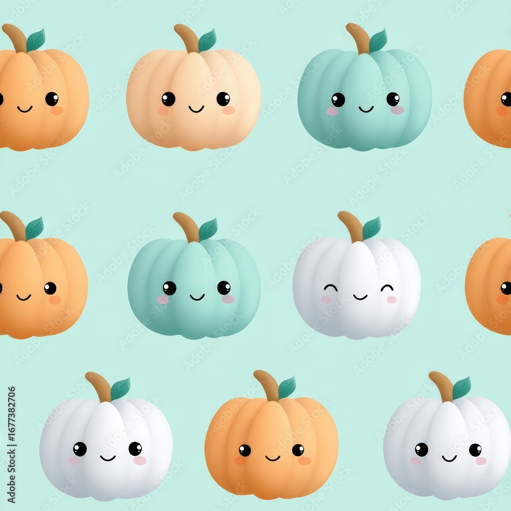 Fototapeta premium Cute Kawaii Pumpkin Pattern with Soft Pastel Colors for Autumn Decor