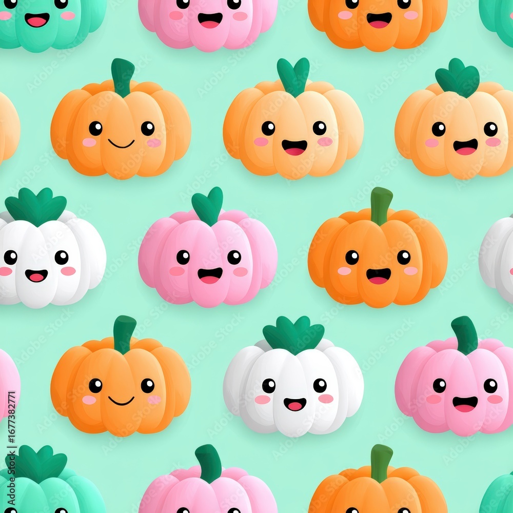 Fototapeta premium Cute Cartoon Pumpkins with Smiling Faces on Bright Background