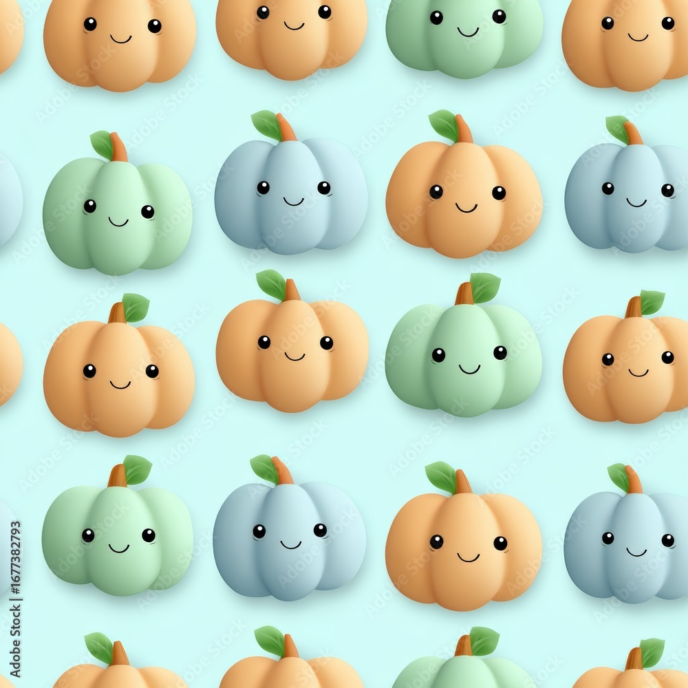 Fototapeta premium Cute Cartoon Pumpkins with Smiling Faces on Soft Blue Background