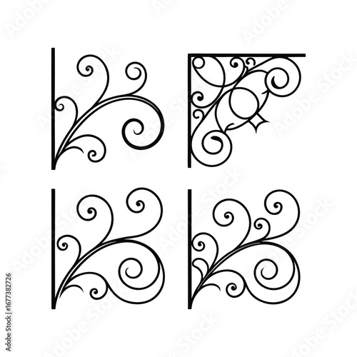 Elegant ornate corner brackets decorative flourishes scrollwork metalwork design elements set