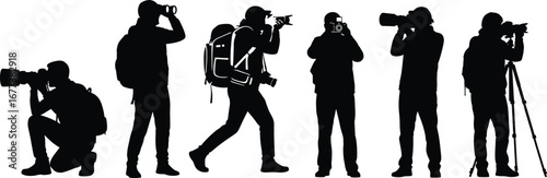 Silhouettes of photographers with cameras, backpacks, and tripod capturing wildlife and nature in various poses and action shots outdoors.
