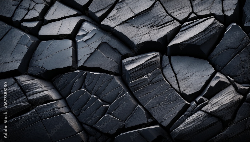 Fototapeta premium cracked black rock displaying deep stone fractures and rugged geological texture in a natural environment