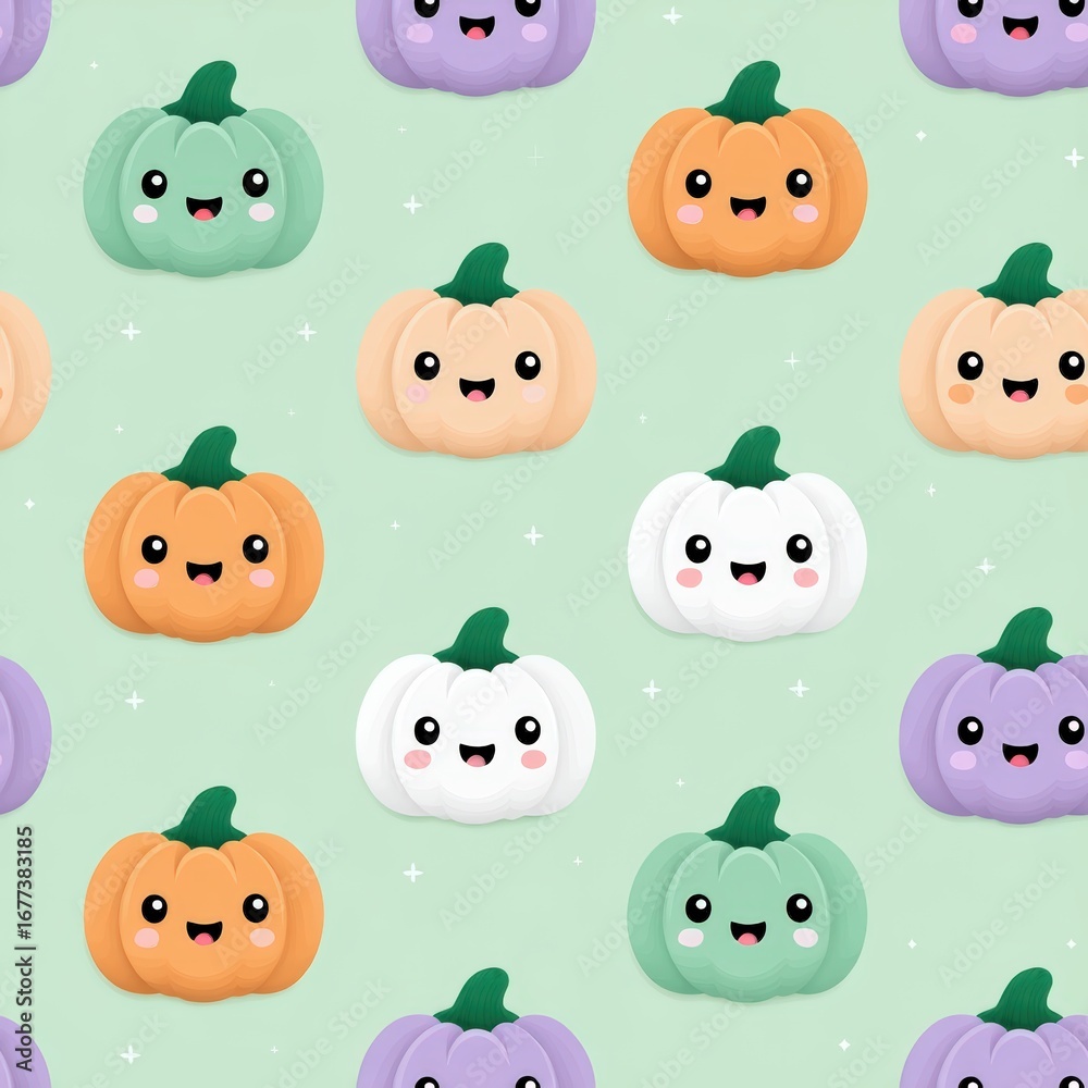 Fototapeta premium Cute Cartoon Pumpkins and Ghosts Pattern on Soft Mint Green Background