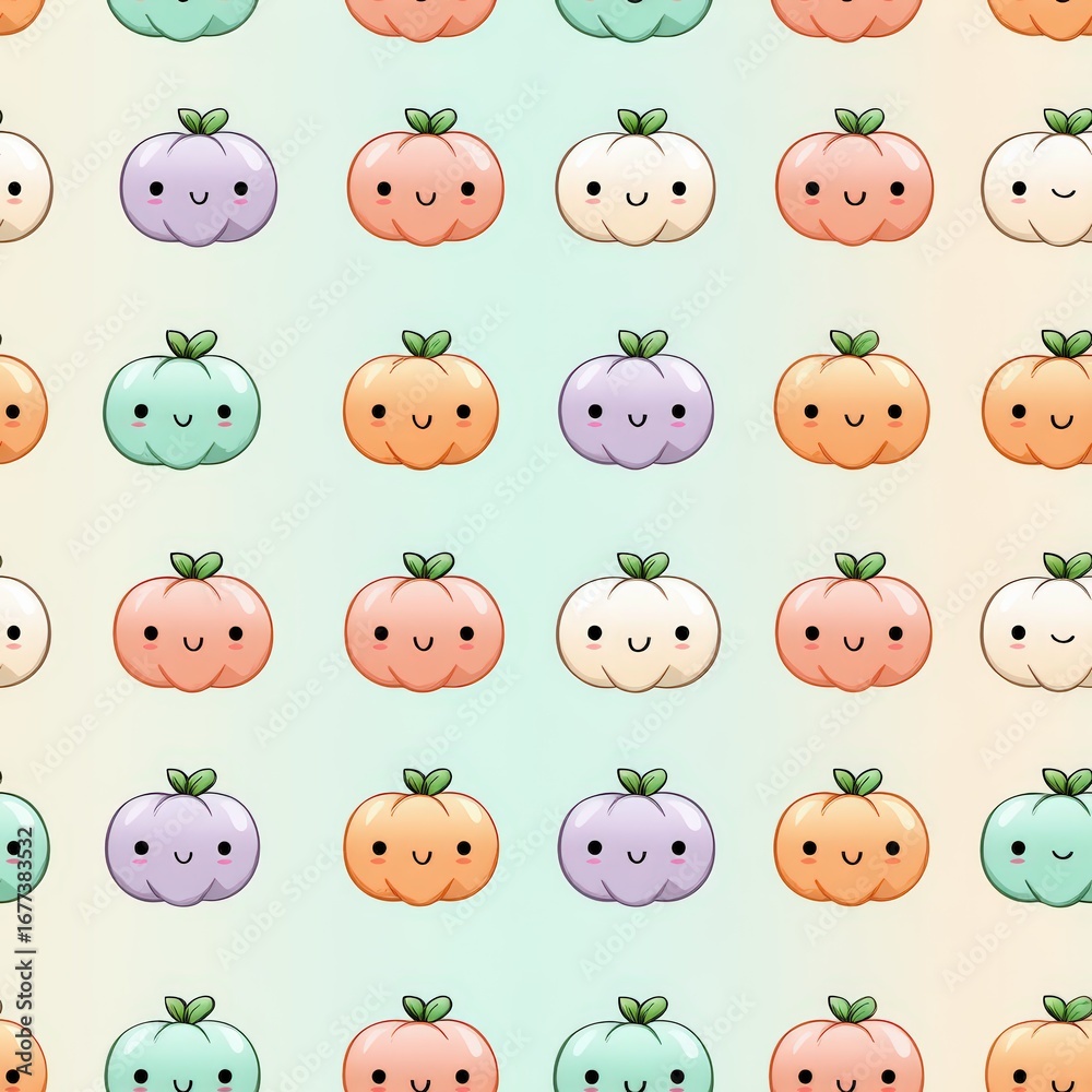 Obraz premium Cute Cartoon Pumpkins with Smiling Faces on a Light Background