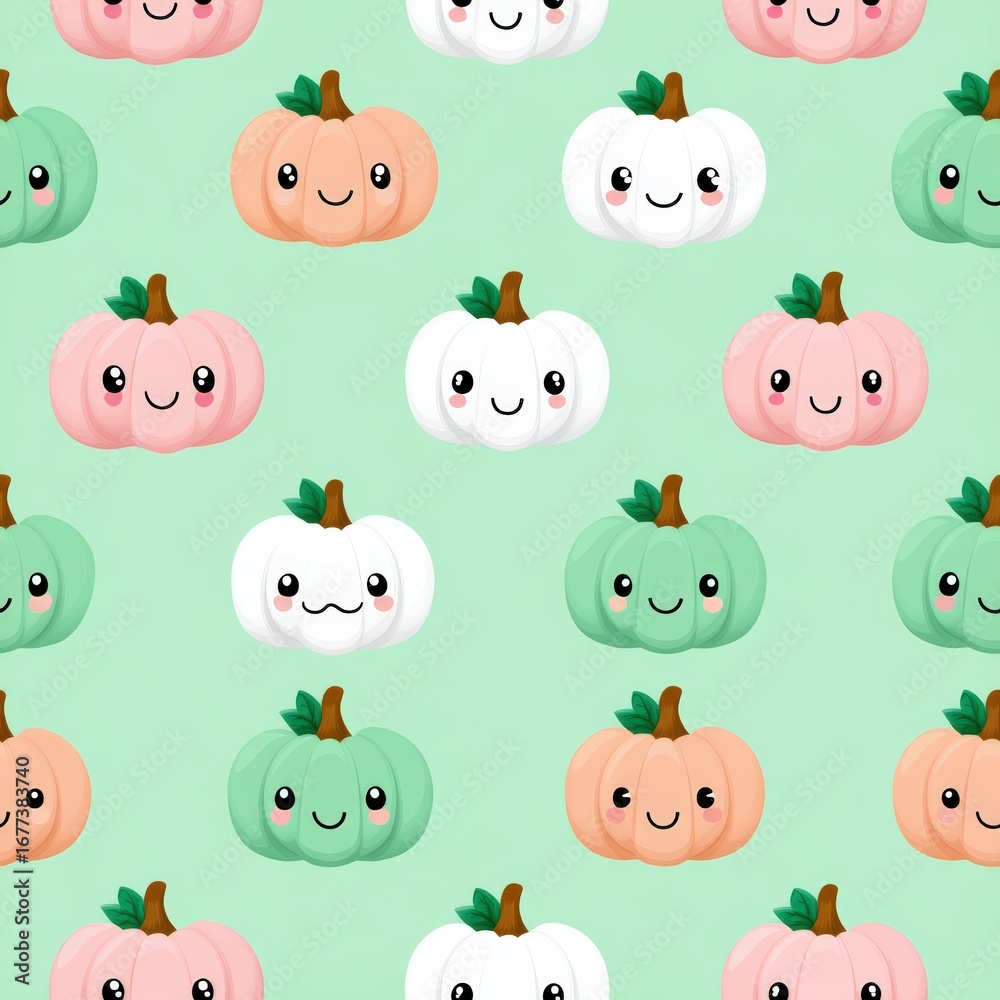 Fototapeta premium Cute Cartoon Pumpkins and Ghosts Pattern on Mint Background