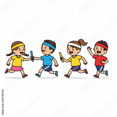 Cartoon Handdrawn Running Relay Team Kids Sports Illustration Graphic