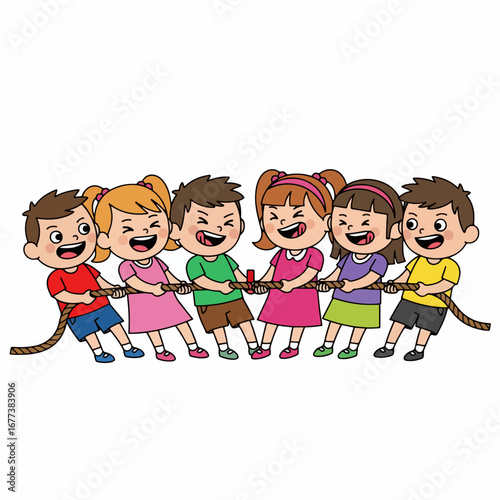 Cartoon Style Smiling Children Playing Tug of War Activity Illustration