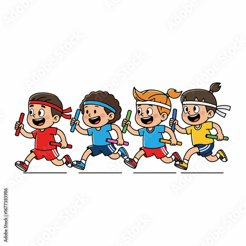Cute Cartoon Style Running Relay Team Kids in Colorful Uniforms Illustration