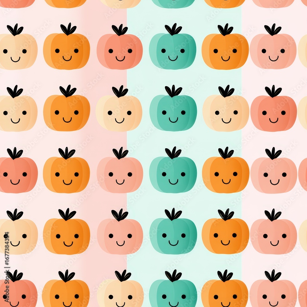 Naklejka premium Cute Cartoon Pumpkins and Apples in a Vibrant Repeating Pattern