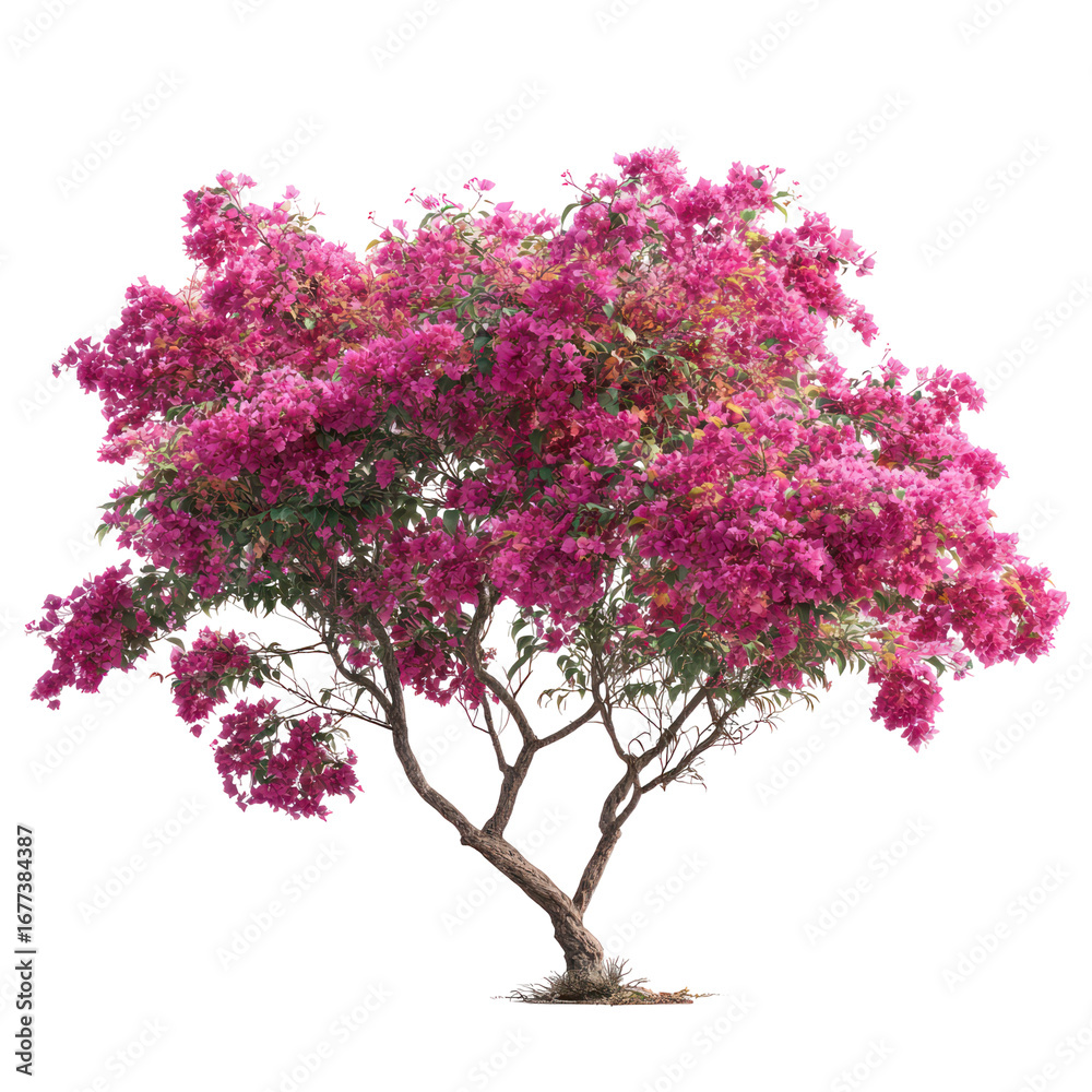 Fototapeta premium Bougainvillea flower tree with multiple flower spikes and green leaves on transparent background