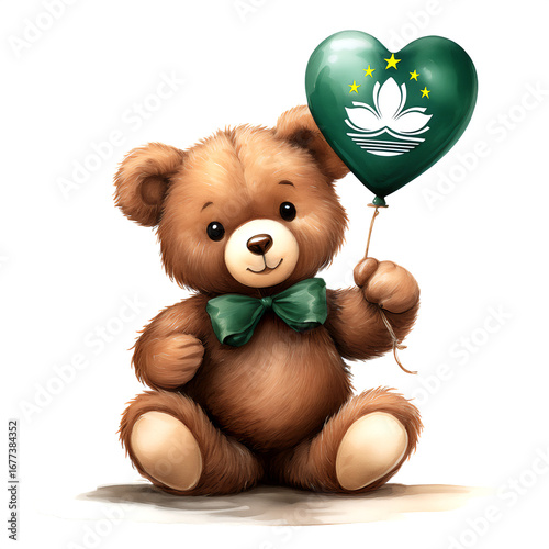 マカオの旗のハート型風船を持ったかわいいクマのぬいぐるみ。白背景。(Cute teddy bear holding a heart-shaped balloon with the macau flag on white background.)
