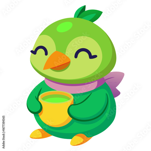 A vibrant 3D render of a sleepy Duck holding a cup of matcha tea