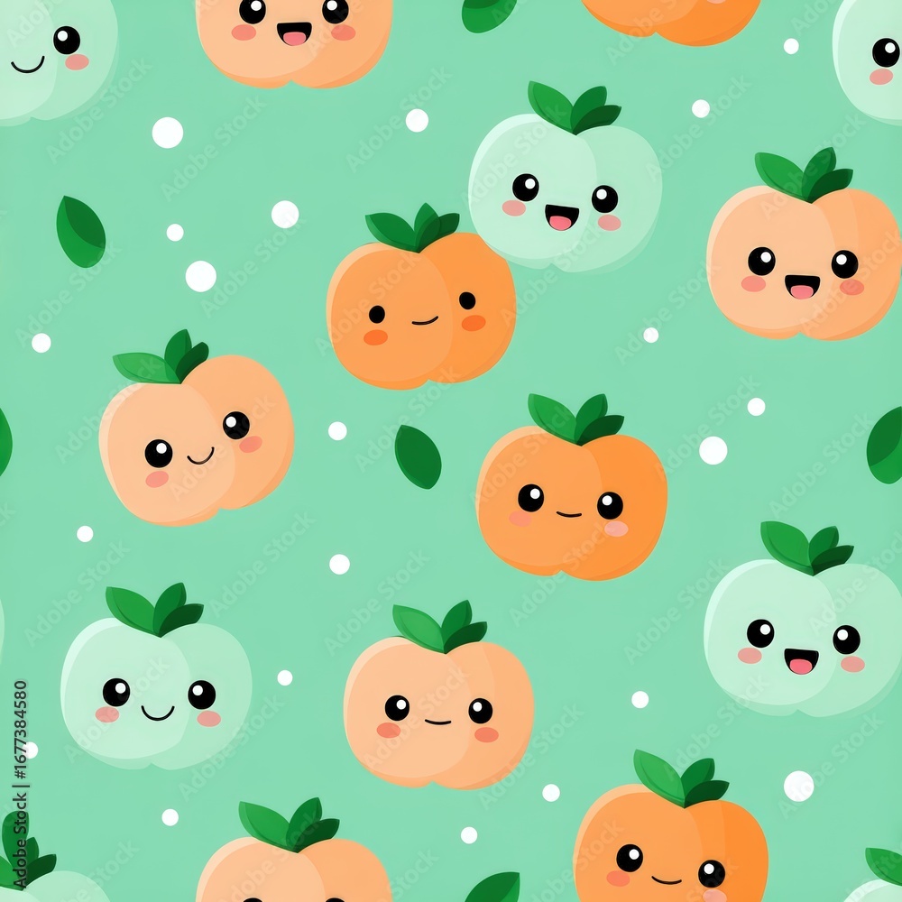 Fototapeta premium Cute and Colorful Cartoon Fruit Pattern on Mint Background