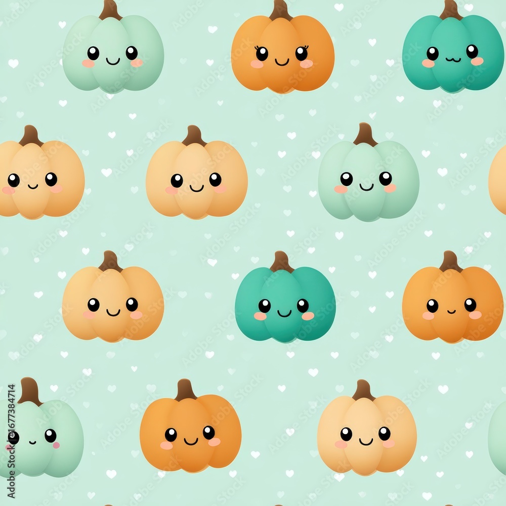 Fototapeta premium Cute Cartoon Pumpkins with Smiling Faces on Light Green Background